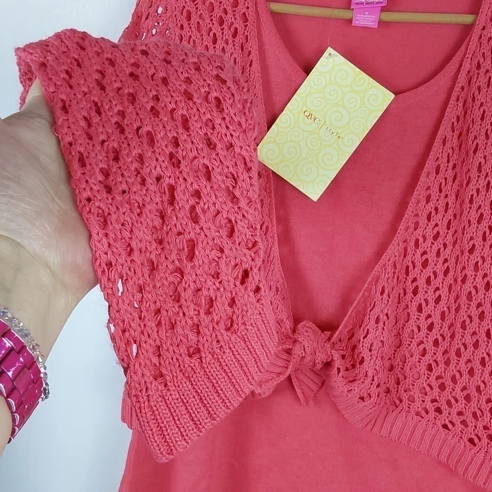 Du jour Womens Coral 2 piece Top set Crochet Cardigan W Tank shell Cute! Sz.M